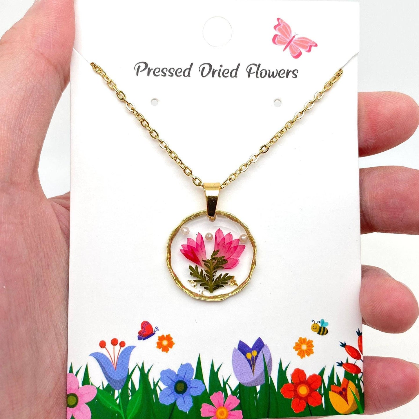Dried Flowers Floral Irregular Round Pendant Necklace - PDF