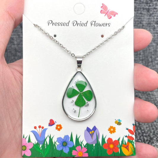 Four Leaf Clover Drop Charm Stainless Steel Necklace - PDF