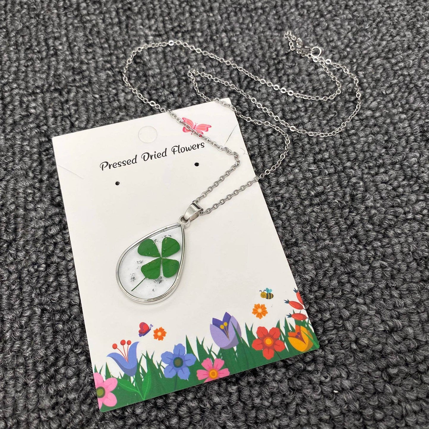 Four Leaf Clover Drop Charm Stainless Steel Necklace - PDF