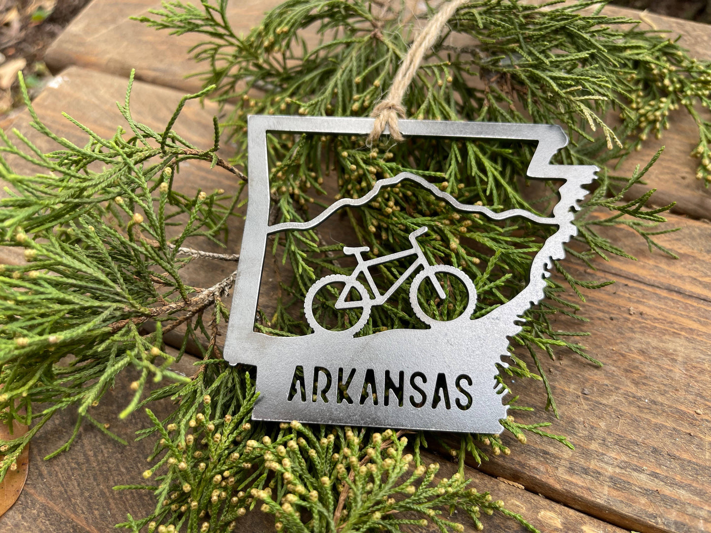 Arkansas State Mountain Bike Ornament made from Raw Steel