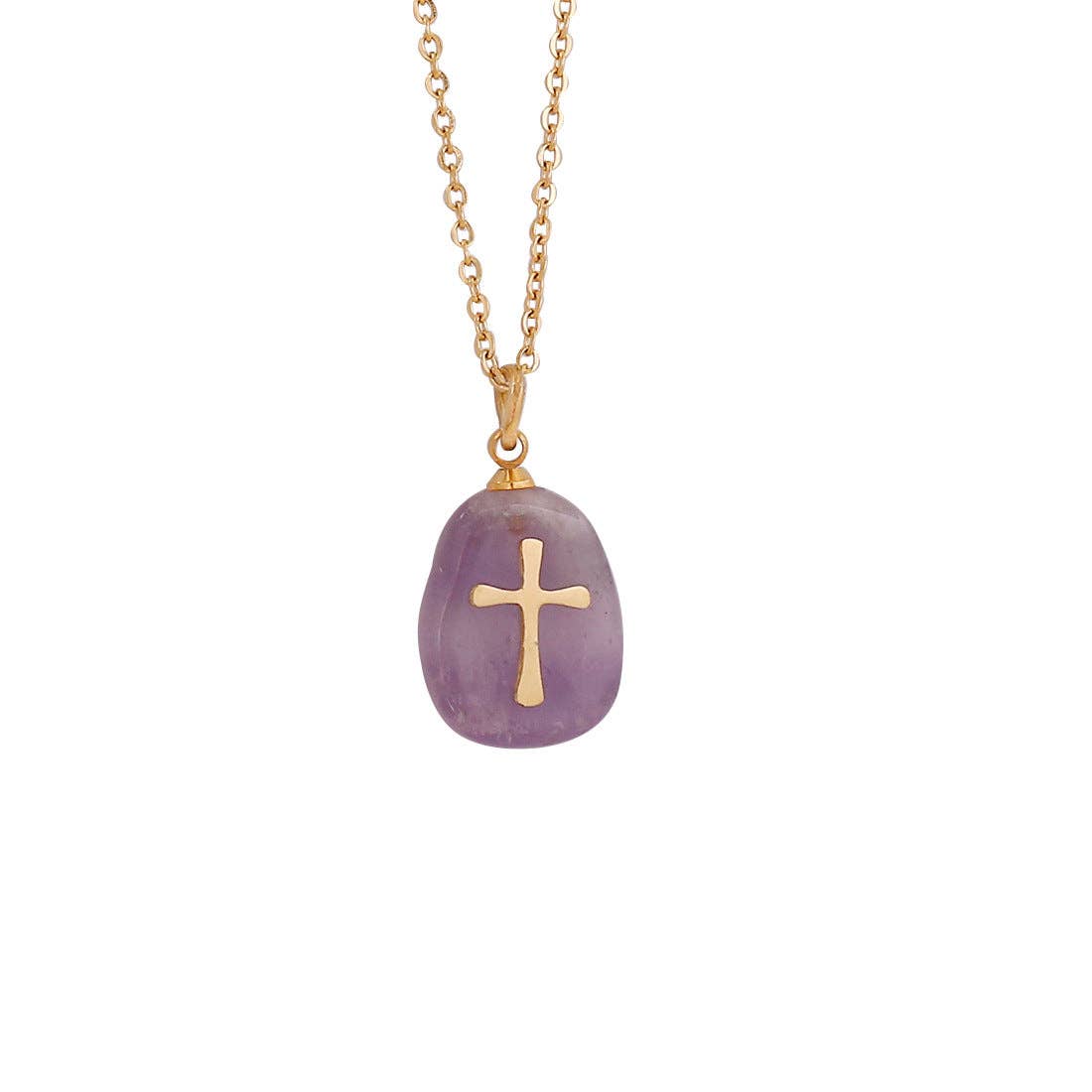 Natural Stone Stainless Steel Cross Pendant Necklace - CS