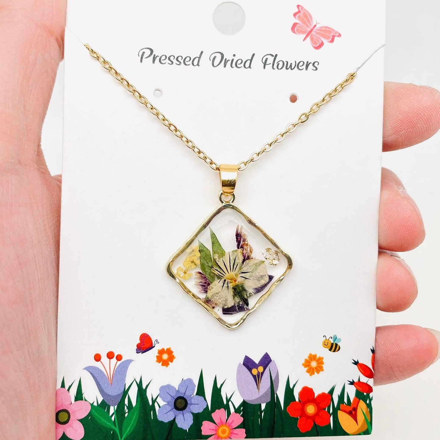 Floral Square Pendant Pressed Dried Flowers Necklace - PDF