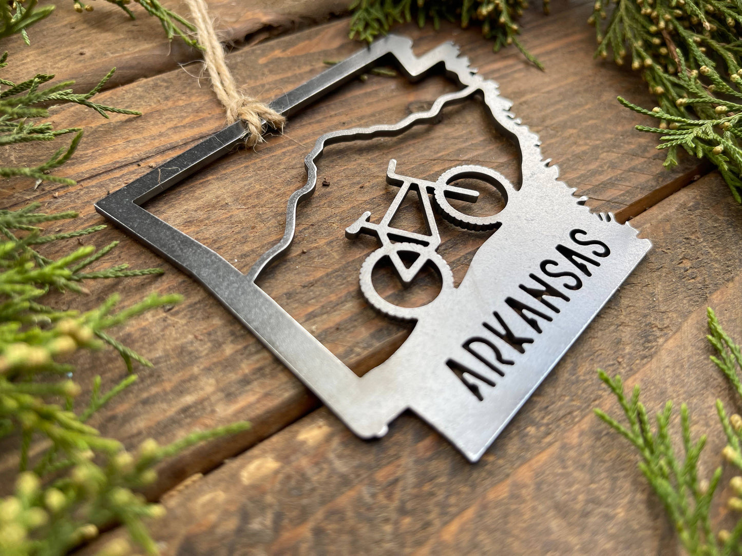 Arkansas State Mountain Bike Ornament made from Raw Steel