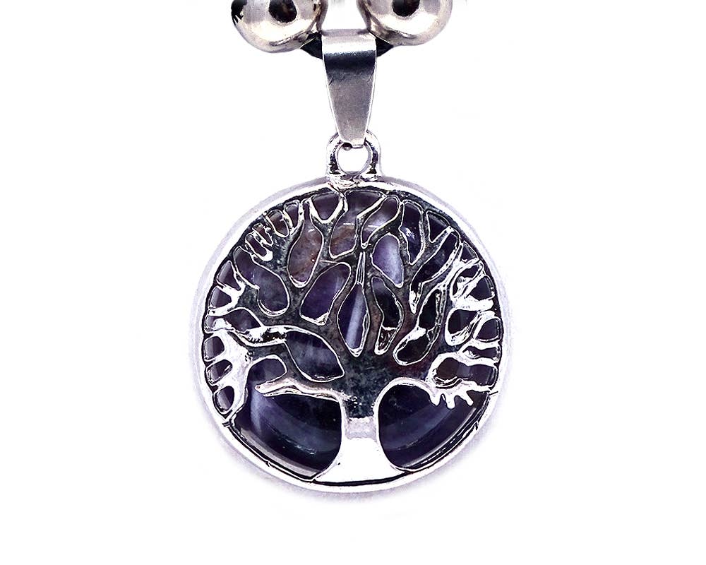 Round Metal Tree of Life Stone Pendant Adjustable Necklace