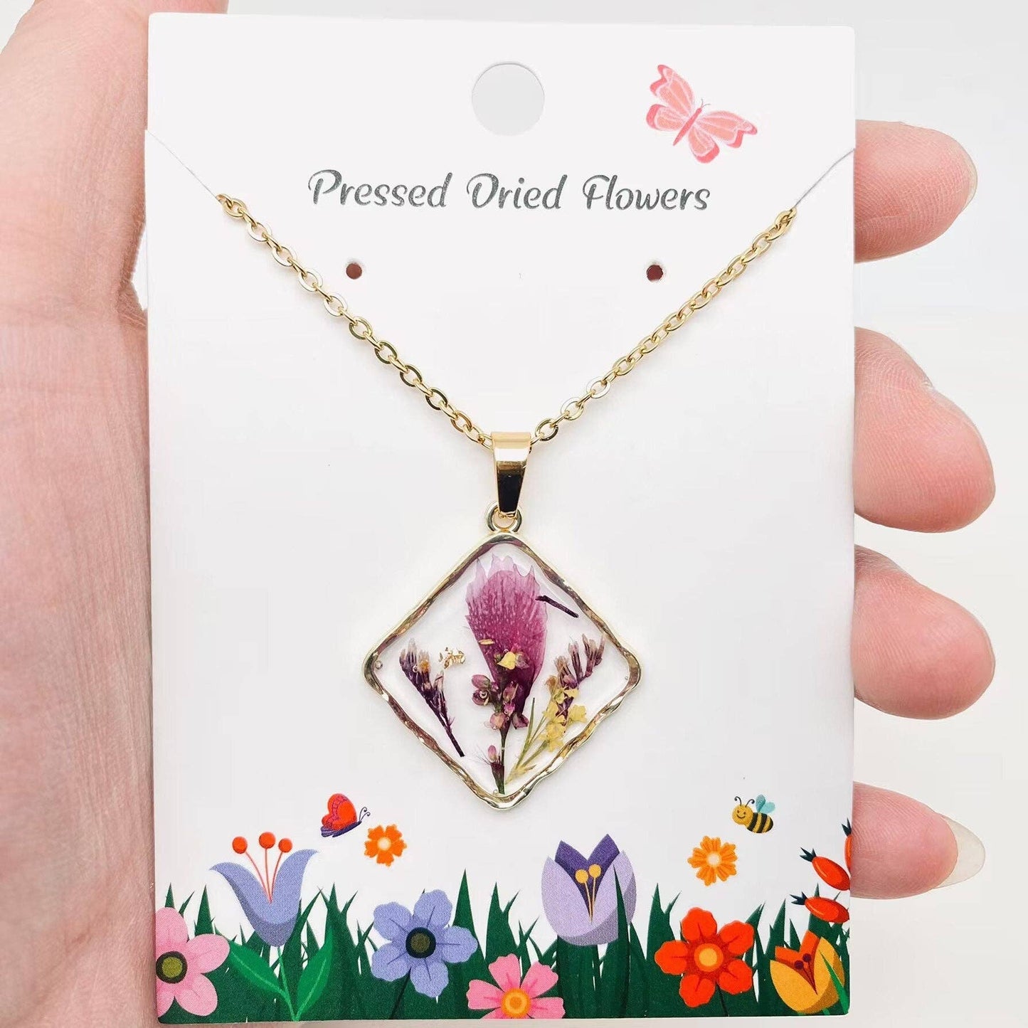 Floral Square Pendant Pressed Dried Flowers Necklace - PDF