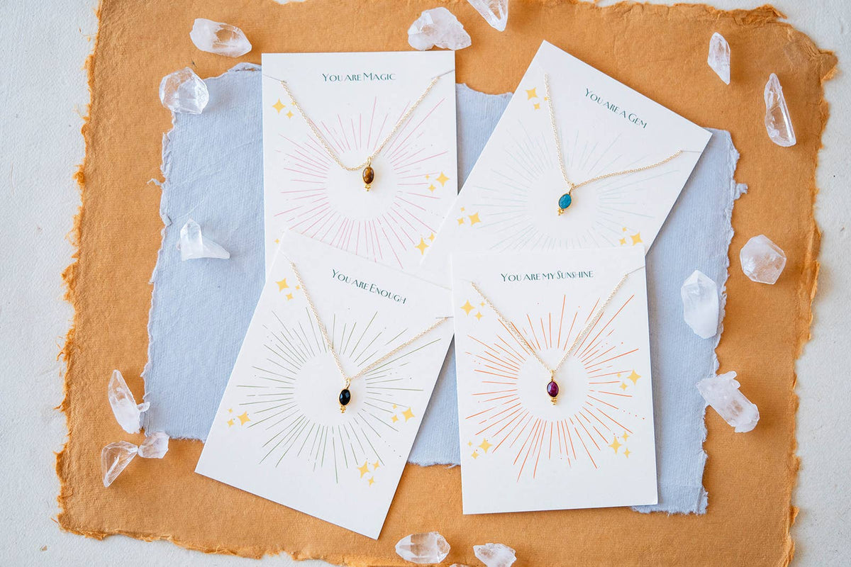 Tiny Gemstone Necklace on "YOU ARE" Card